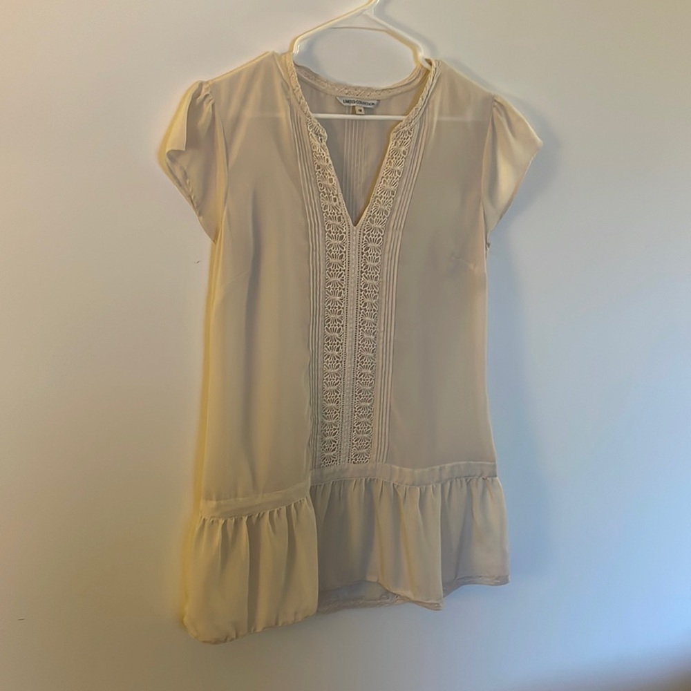 Crème tunic with lace trim. Size 12.